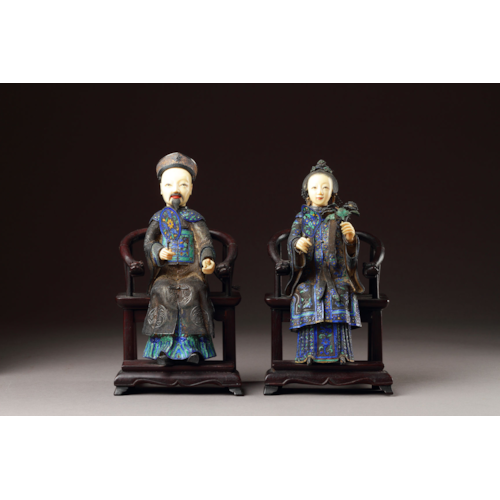 Rare and Superb Pair of Chinese Canton Silver Enamel and Ivory Portrait Figures